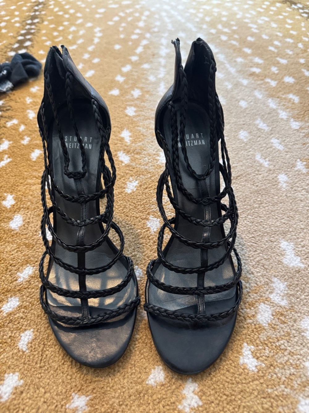 Stuart Weitzman Black Braided Strappy High Heel Sandals